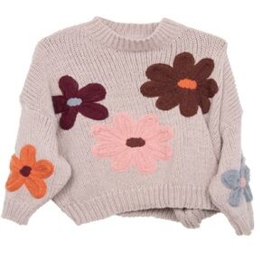TAN KNIT FLORAL STITCHED SWEATER